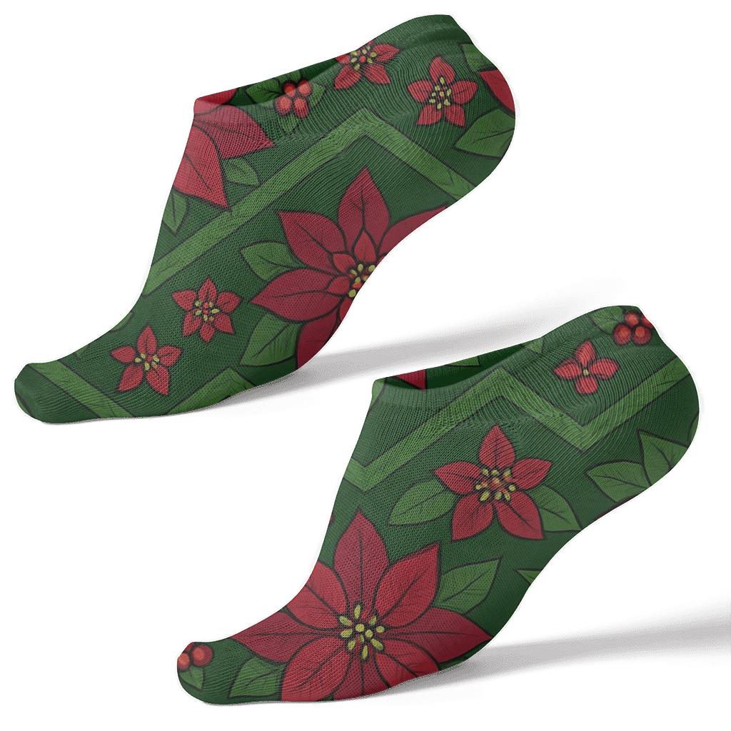 Crimson Poinsettia Chevron Bands On Deep Moss Ground personalized ankle socks