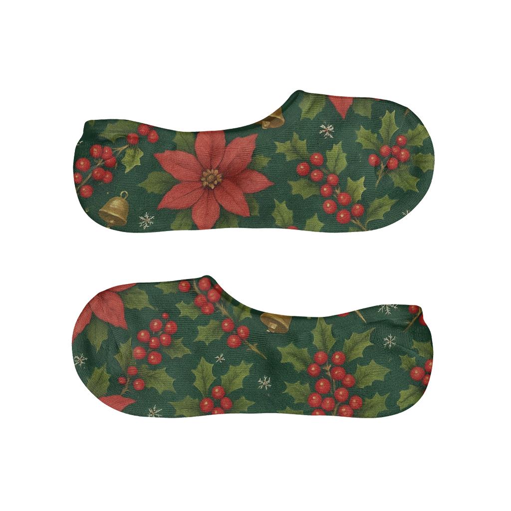 Crimson Poinsettia Holly Lattice On Evergreen Field unique hidden socks
