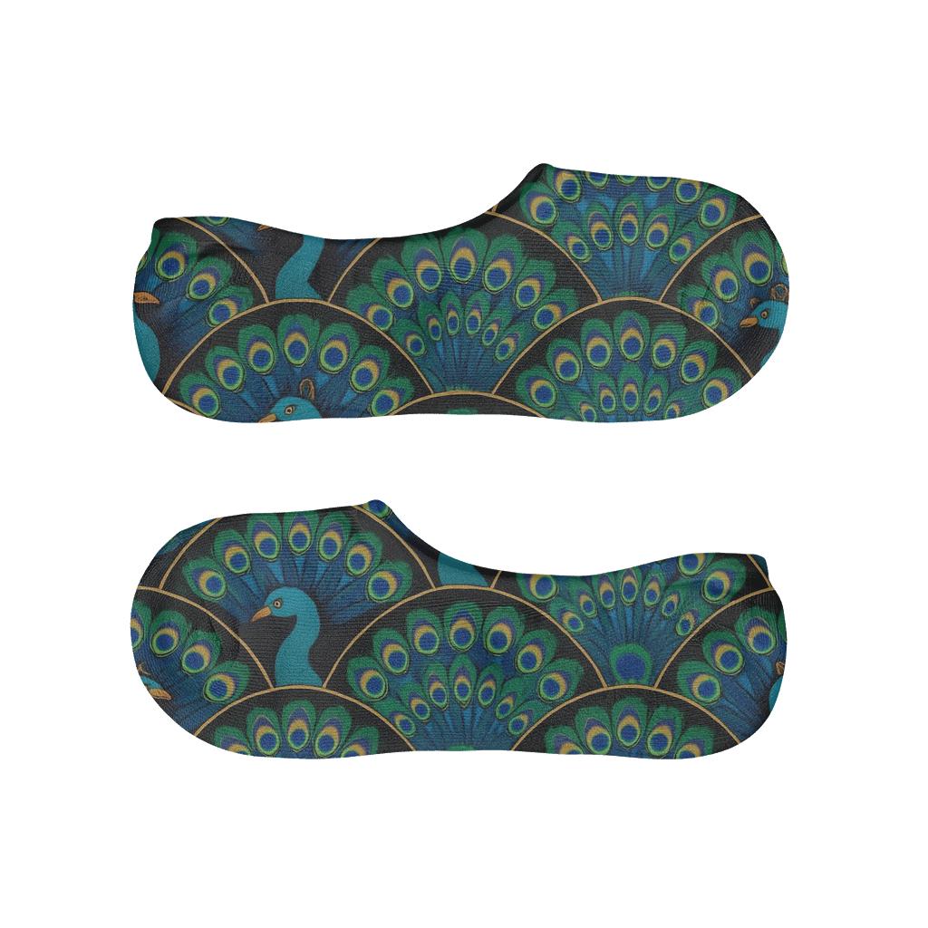 Peacock Fan Arc Lattice On Midnight Black soft cotton no-show socks