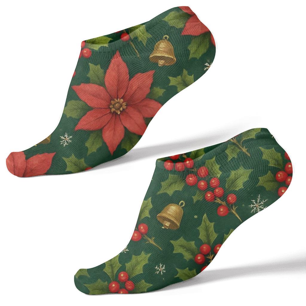Crimson Poinsettia Holly Lattice On Evergreen Field comfortable cotton ankle socks
