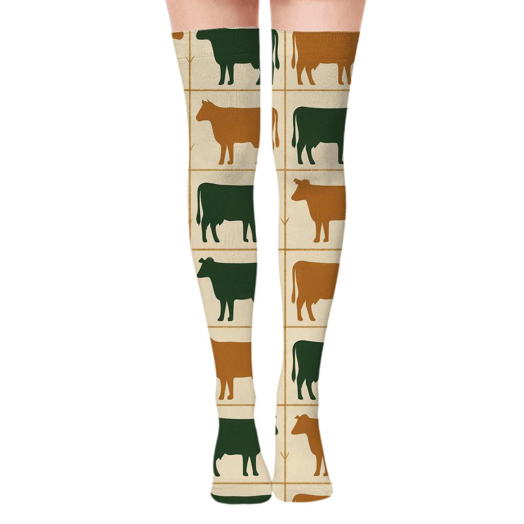 Pasture Mosaic With Cow Silhouettes unique graphic over-the-knee socks