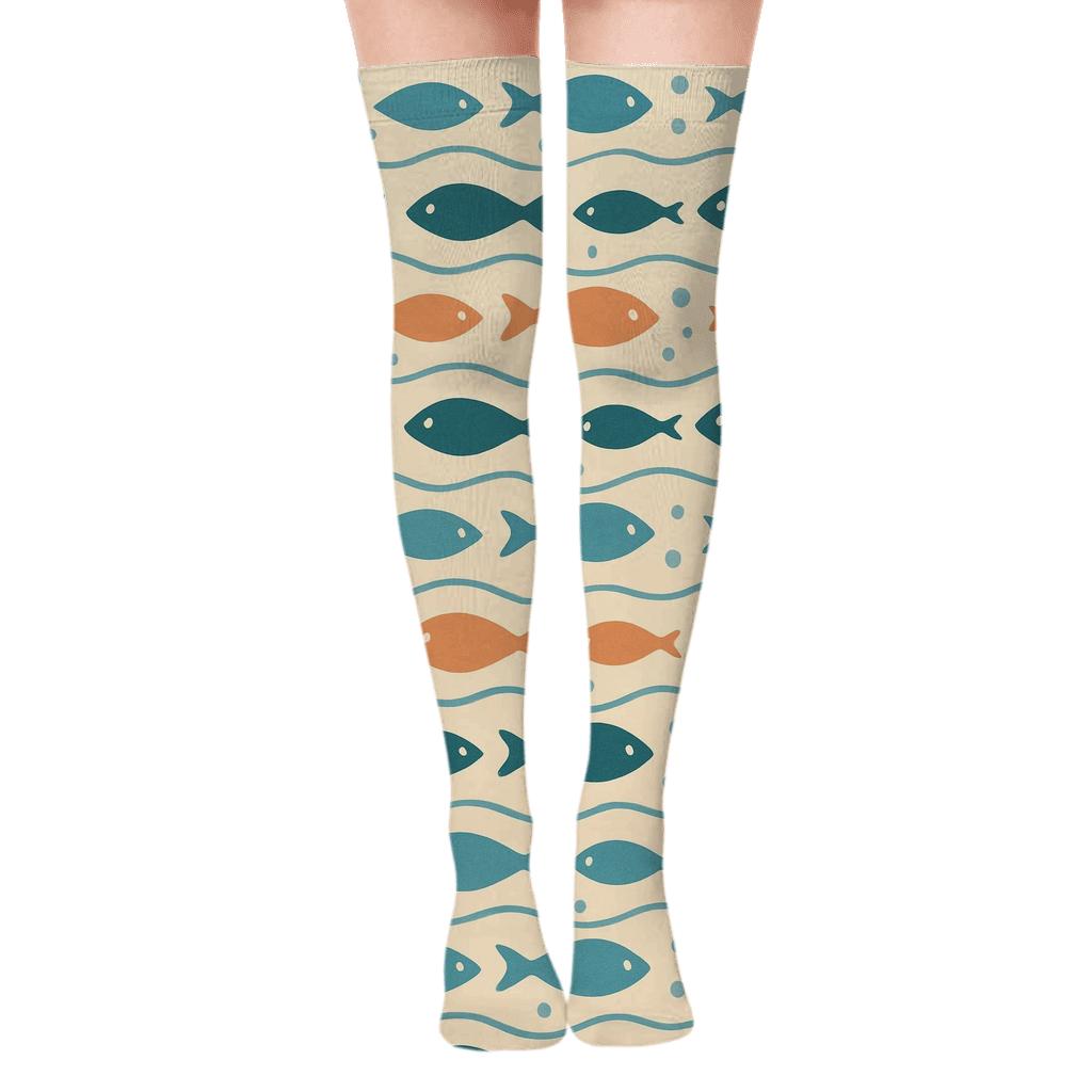 Tidal Ribbon Parade With Fish Motifs unique graphic over-the-knee socks