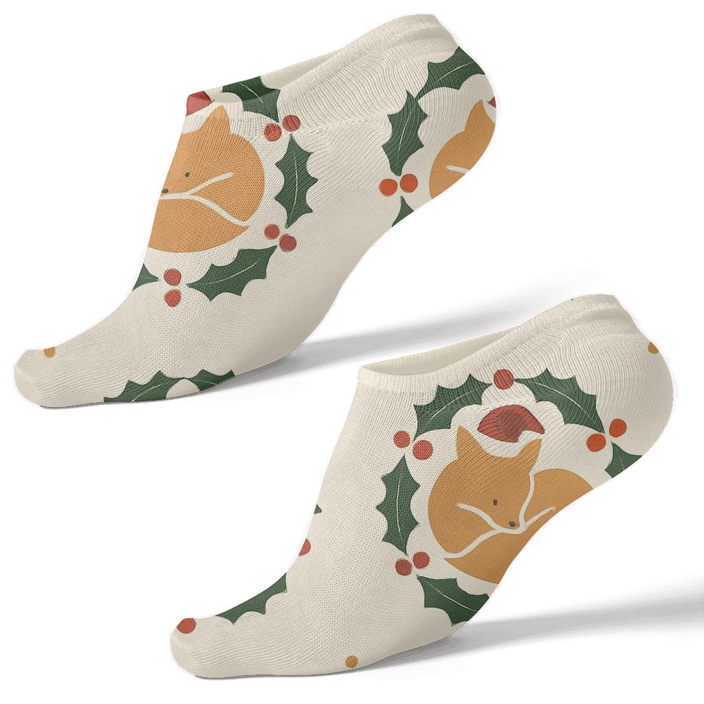 Fox In The Holly Wreath Grid personalized ankle socks