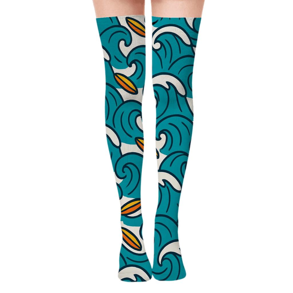 Tidal Cartoon Surf Break Repeat unique graphic over-the-knee socks