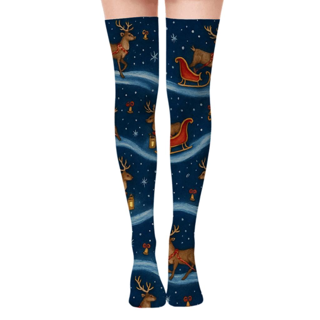 Sleigh Lantern Procession On Midnight Blue stylish fashion over-the-knee socks