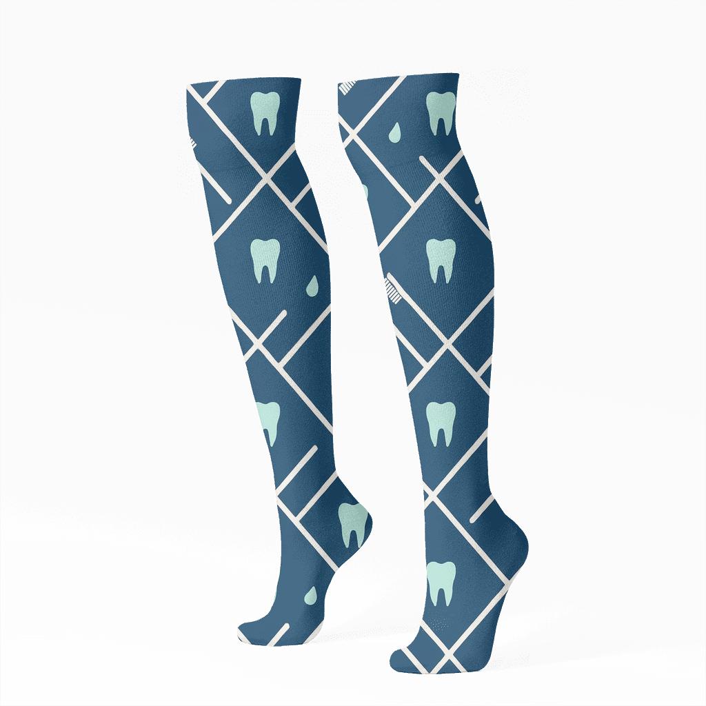 Toothbrush Lattice Dentist Edition On Deep Blue trendy patterned knee-high socks