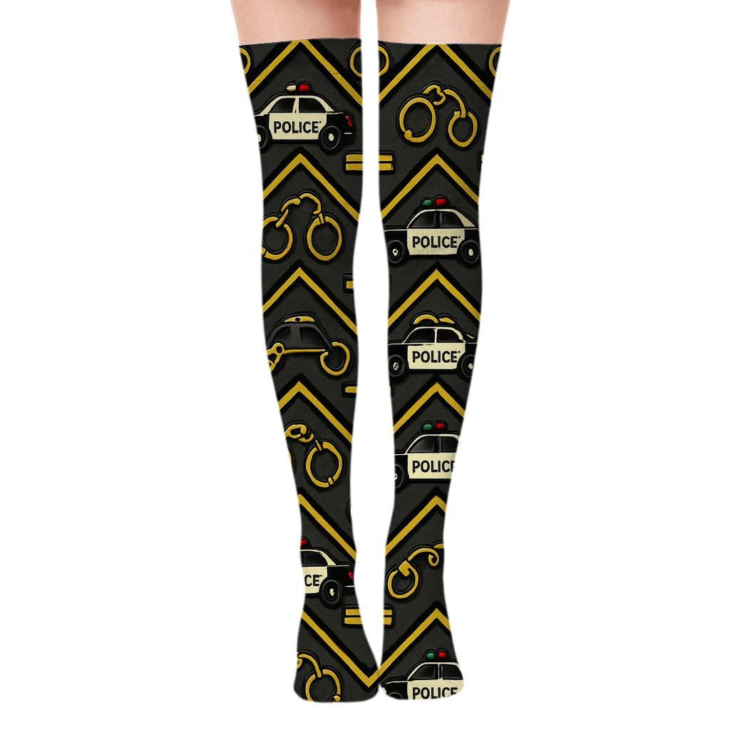 Police Officer Chevron Bands On Asphalt Field designer print over-the-knee socks