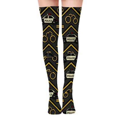 Police Officer Chevron Bands On Asphalt Field designer print over-the-knee socks