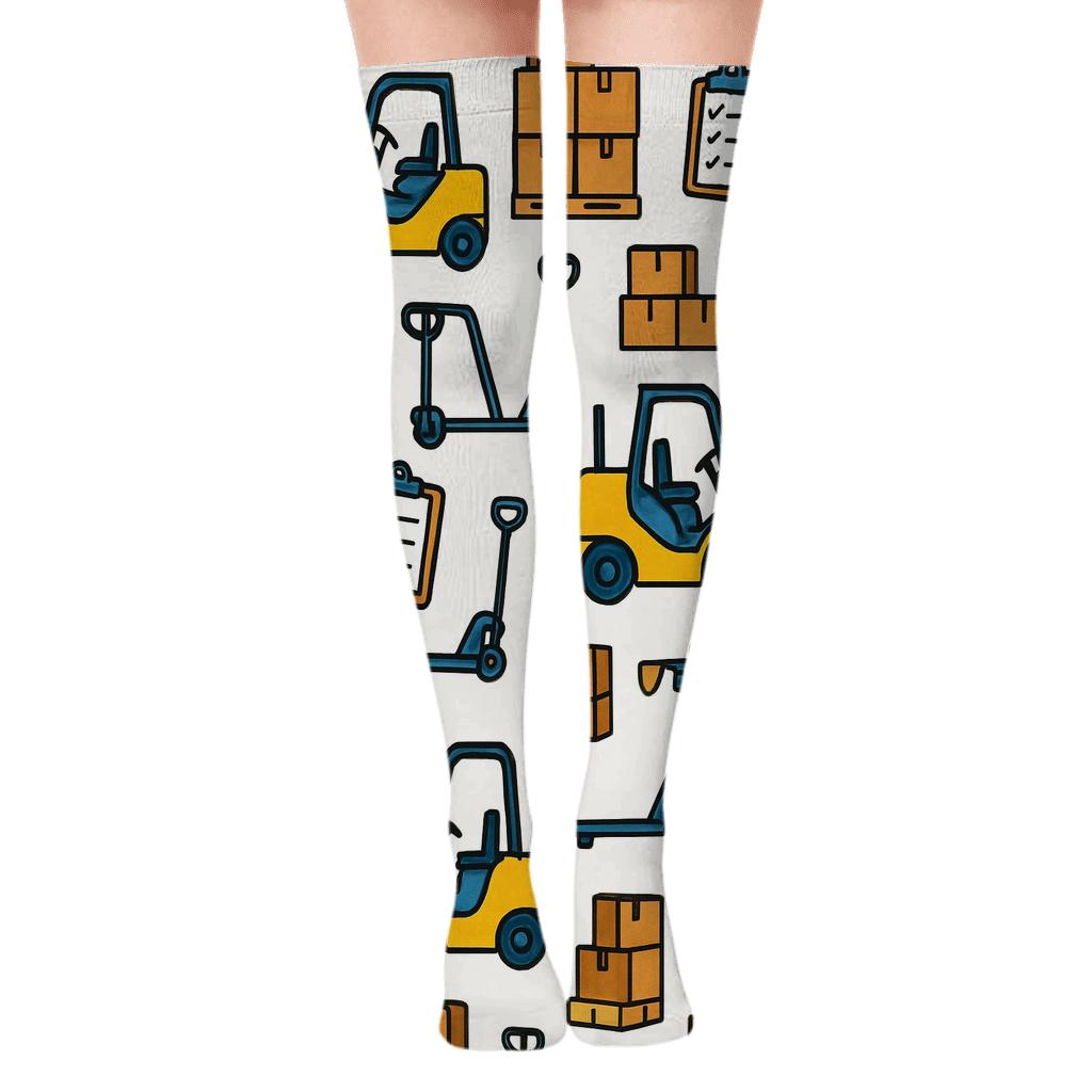 Forklift Constellation With Warehouse Worker Icons designer print over-the-knee socks