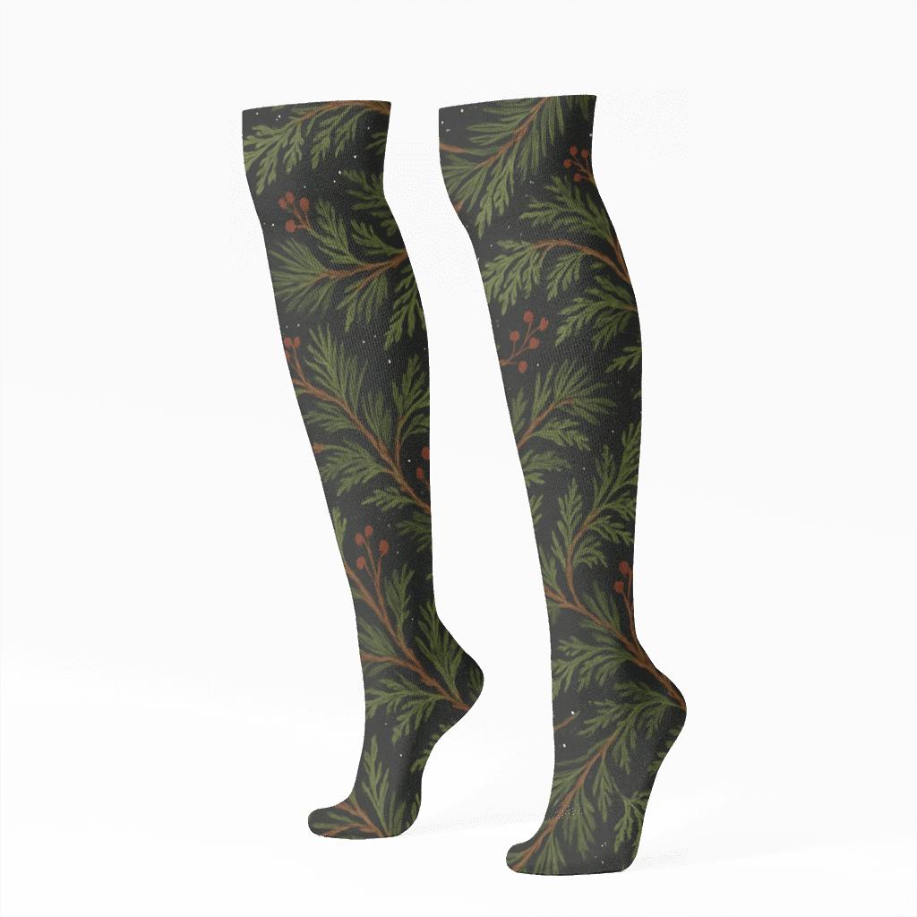Starlit Garland With Evergreen Branches Motif premium sports knee-high socks