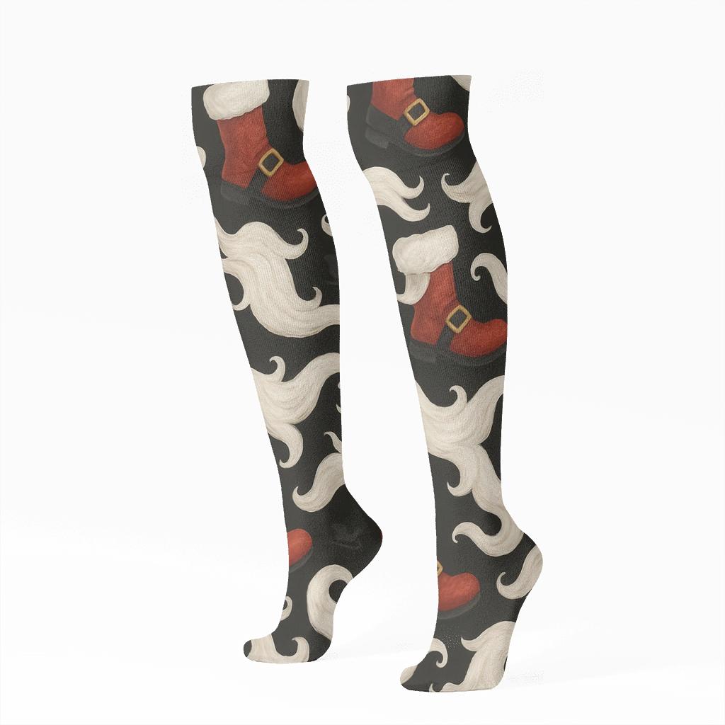 Boot And Beard Rhythm With Sleigh Santa Motif trendy patterned knee-high socks