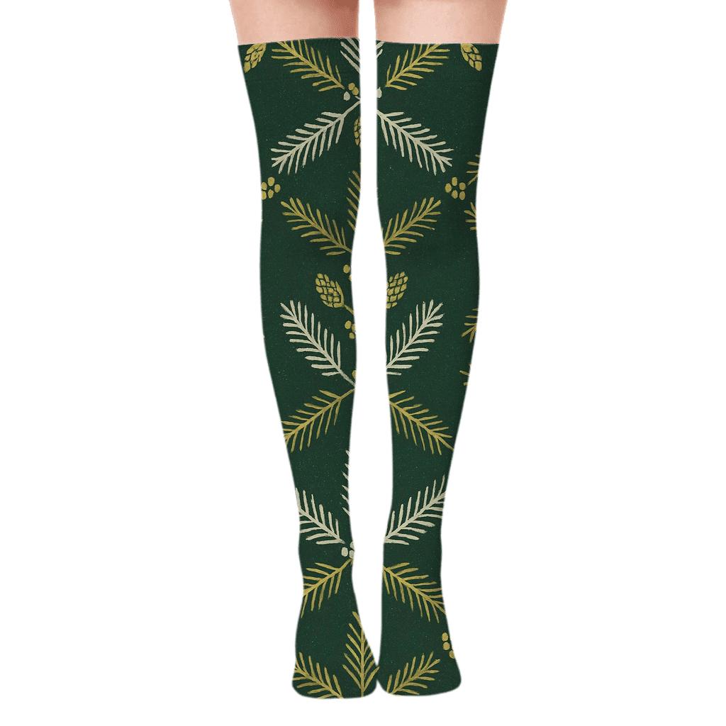 Evergreen Branches Constellation Lattice designer print over-the-knee socks