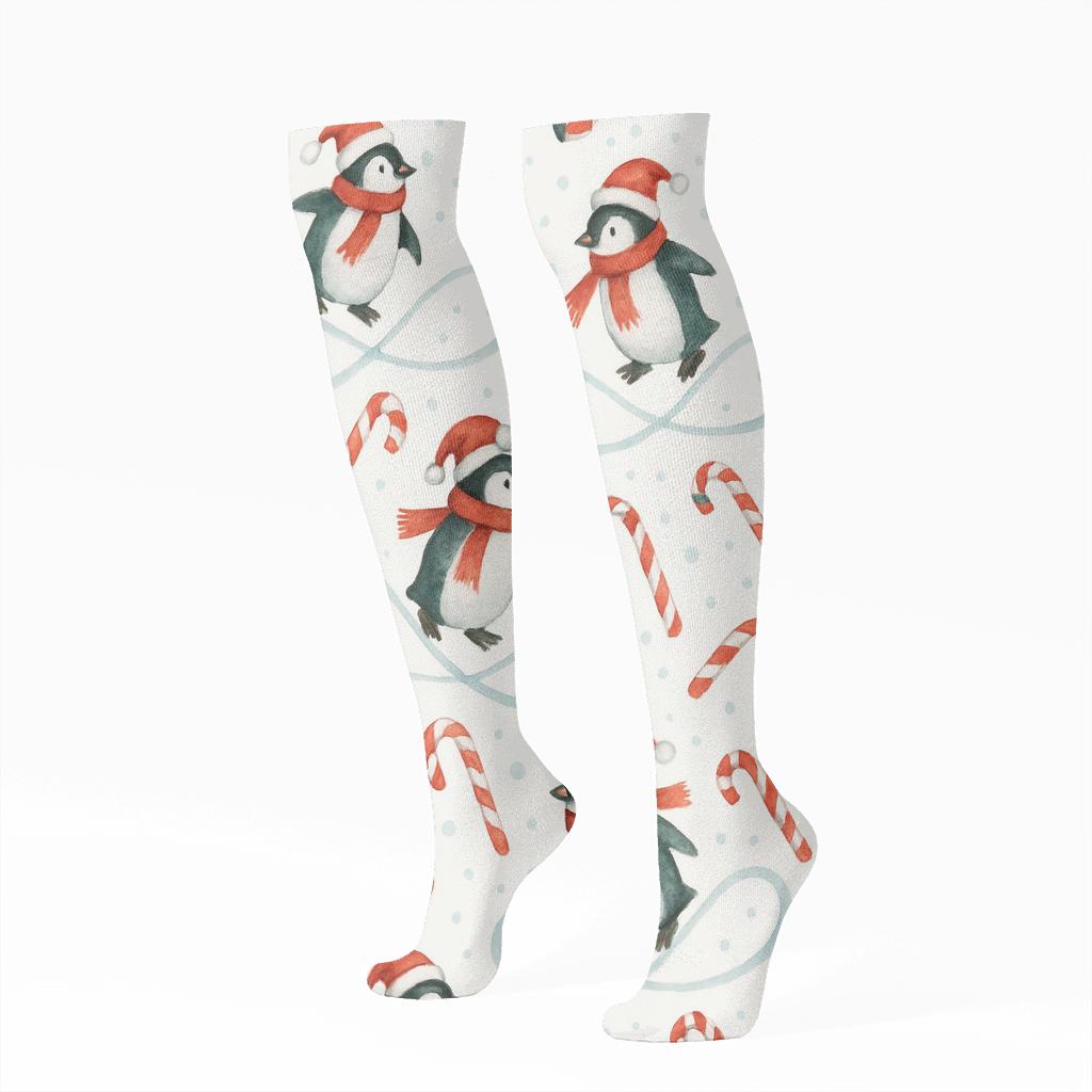 Penguin Candy Cane Skating Loop comfortable cotton knee-high socks