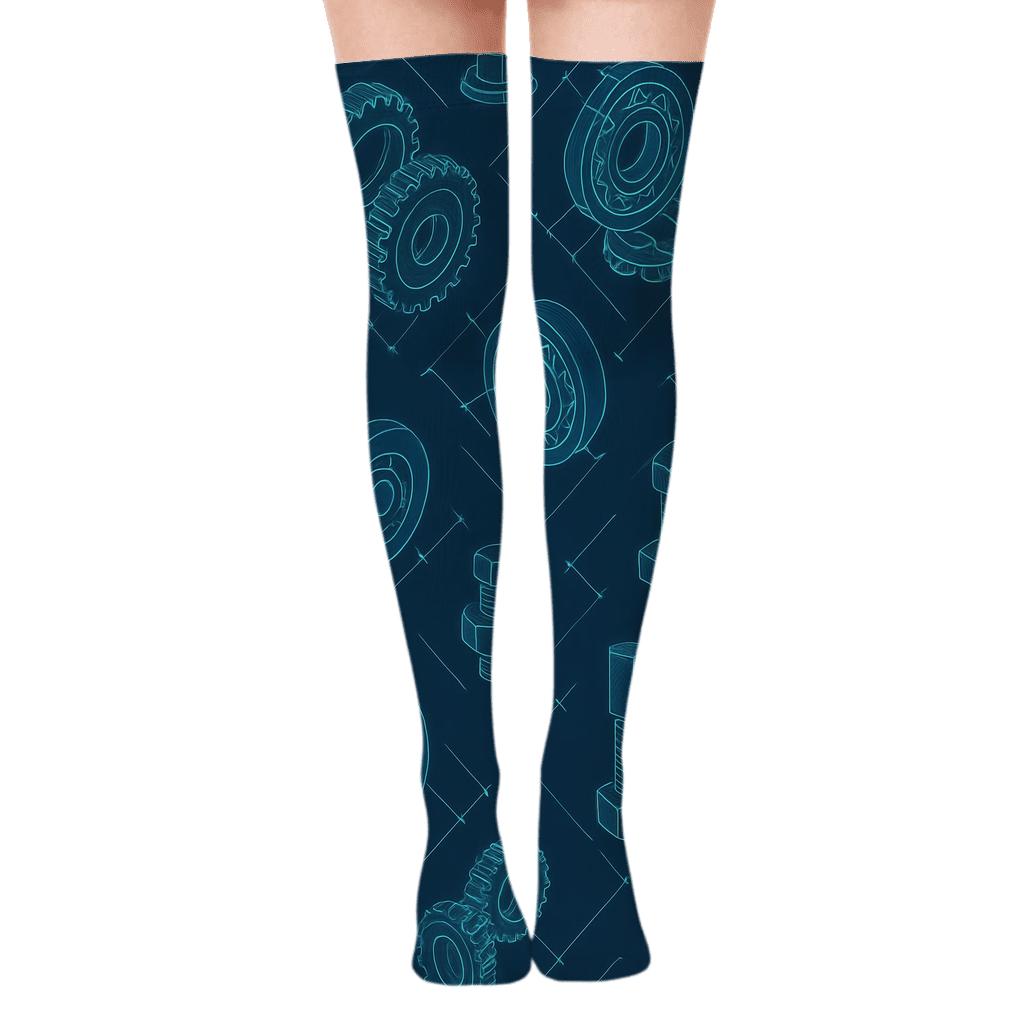 Mechanical Engineer Blueprint Gear Cascade trendy patterned over-the-knee socks