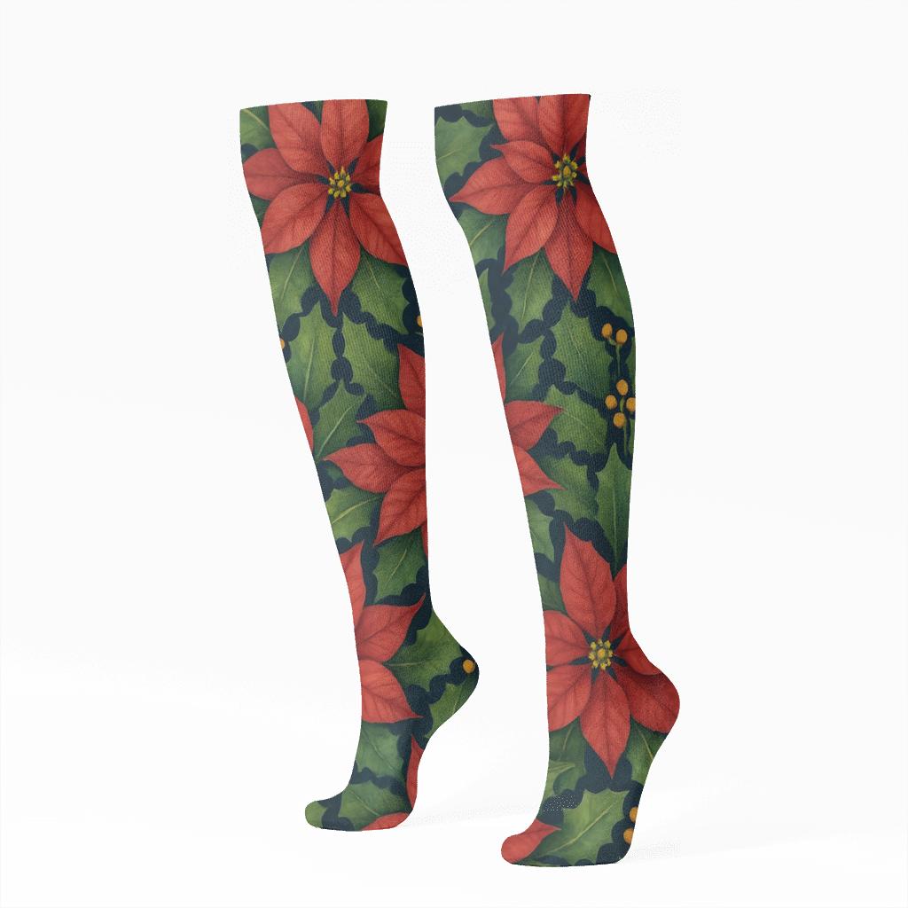 Crimson Poinsettia Star Lattice On Midnight soft everyday knee-high socks