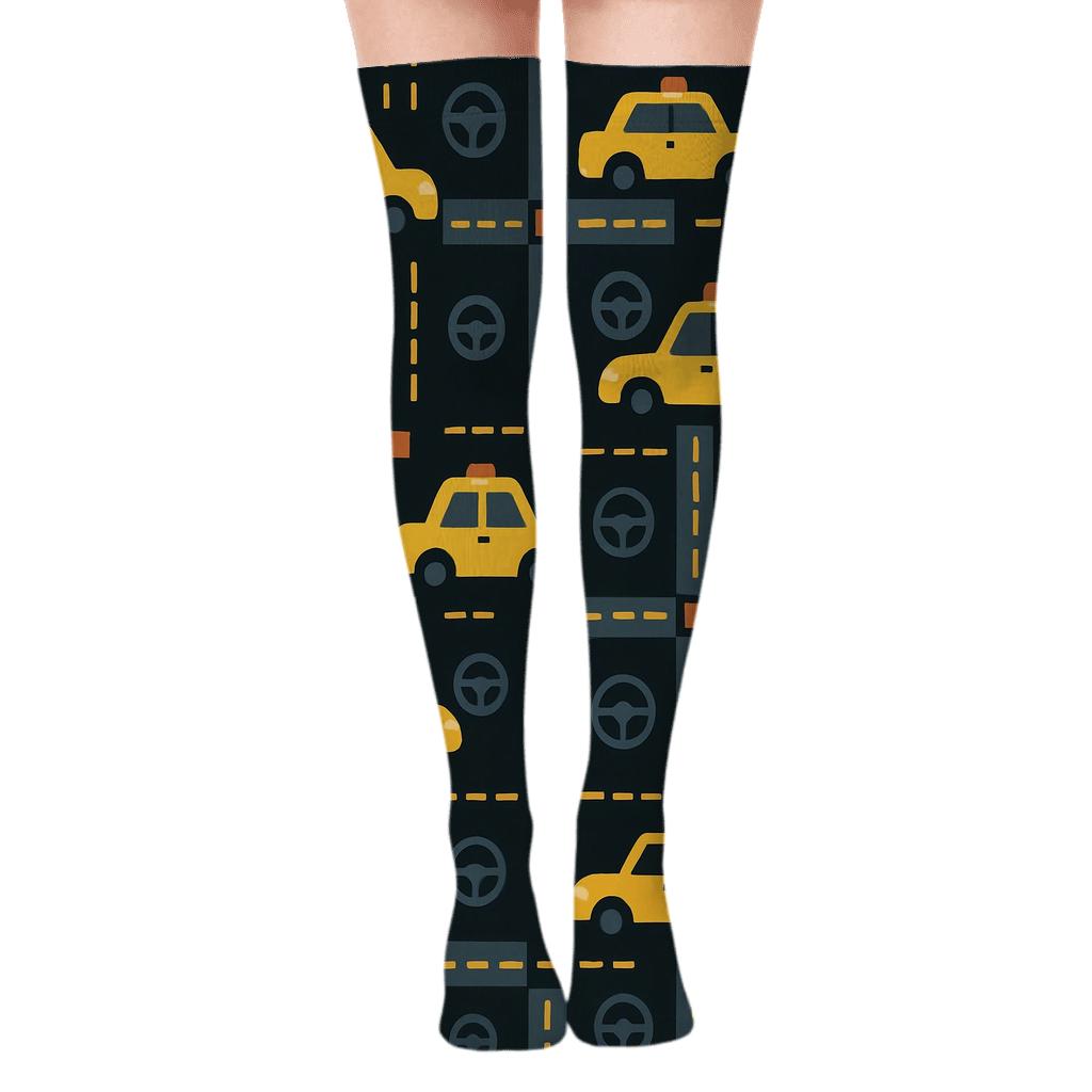 Midnight City Grid With Taxi Driver Icons personalized over-the-knee socks