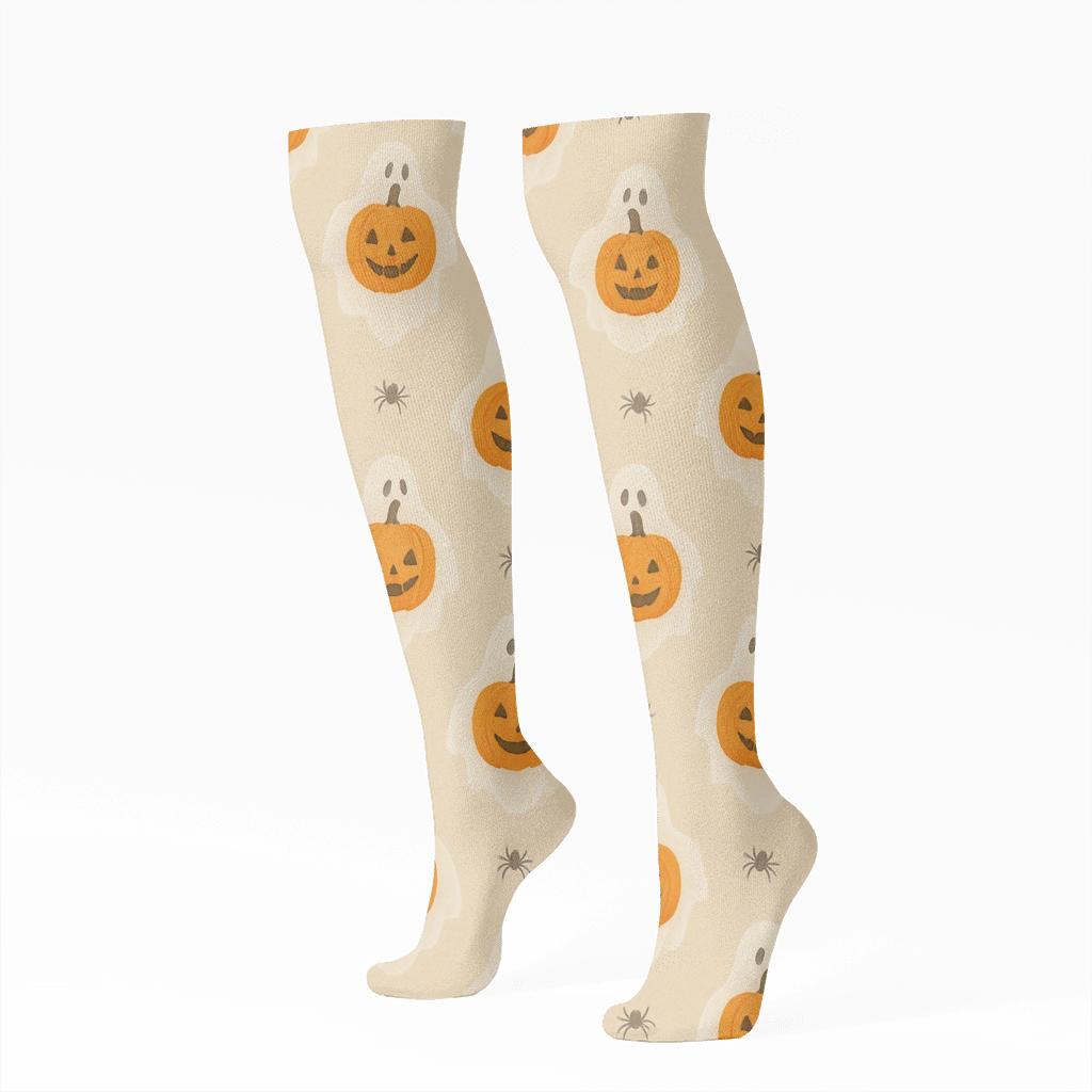 Ghostly Pumpkin Polka On Proper Neutral Background designer print knee-high socks
