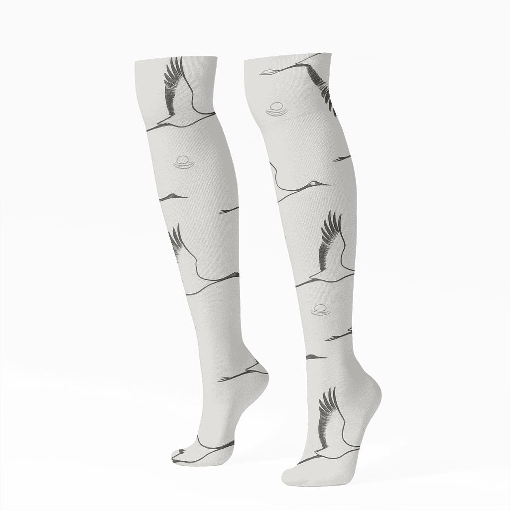 Cranes In Flight Diagonal Array On Mist Gray designer print knee-high socks