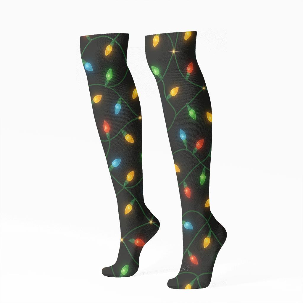 Xmas Light Tangle Glow On Black personalized knee-high socks