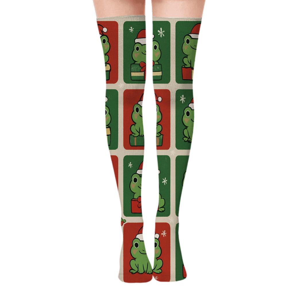 Frog Present Patchwork Tiles unique graphic over-the-knee socks