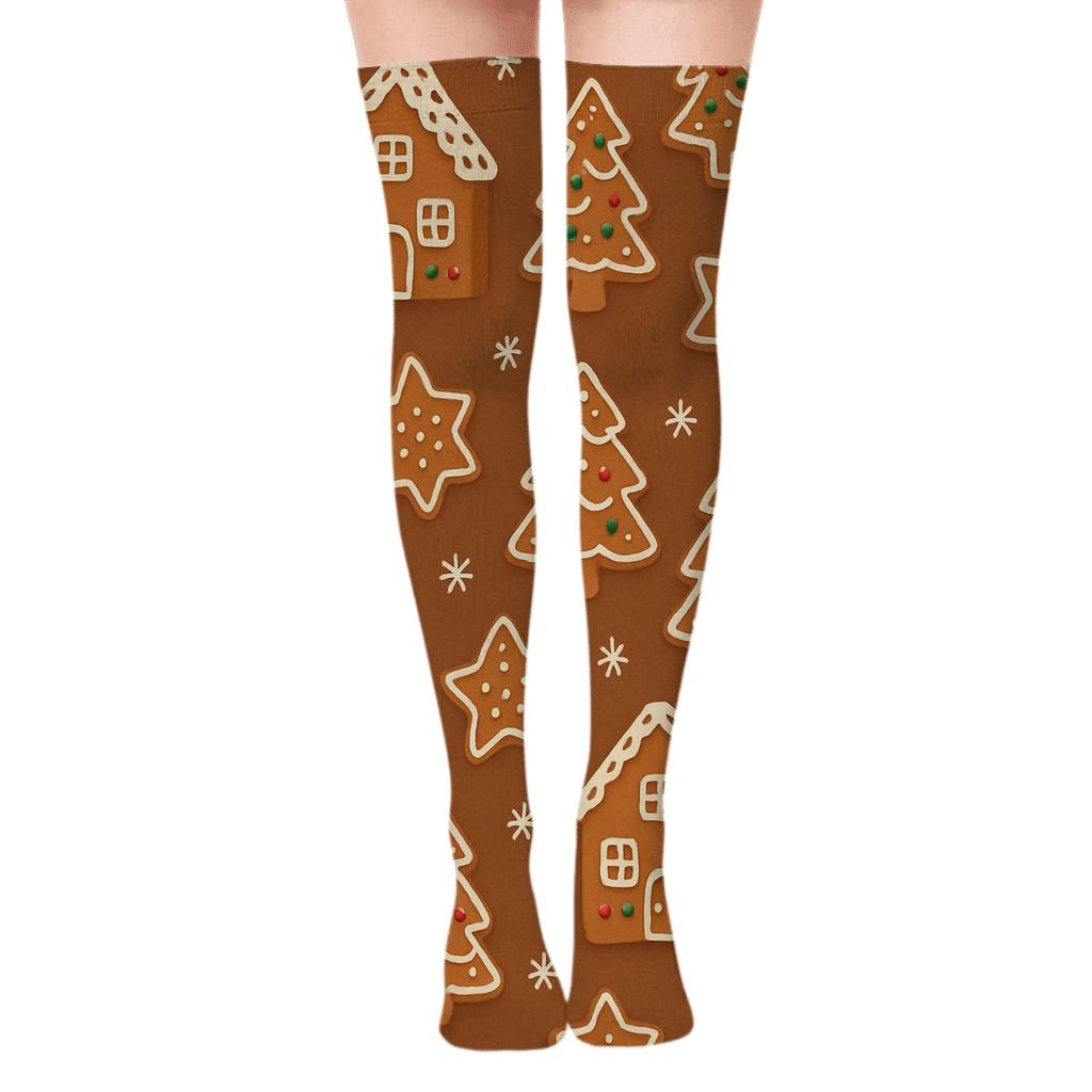 Gingerbread Village Xmas Scatter On Cocoa Brown custom over-the-knee socks