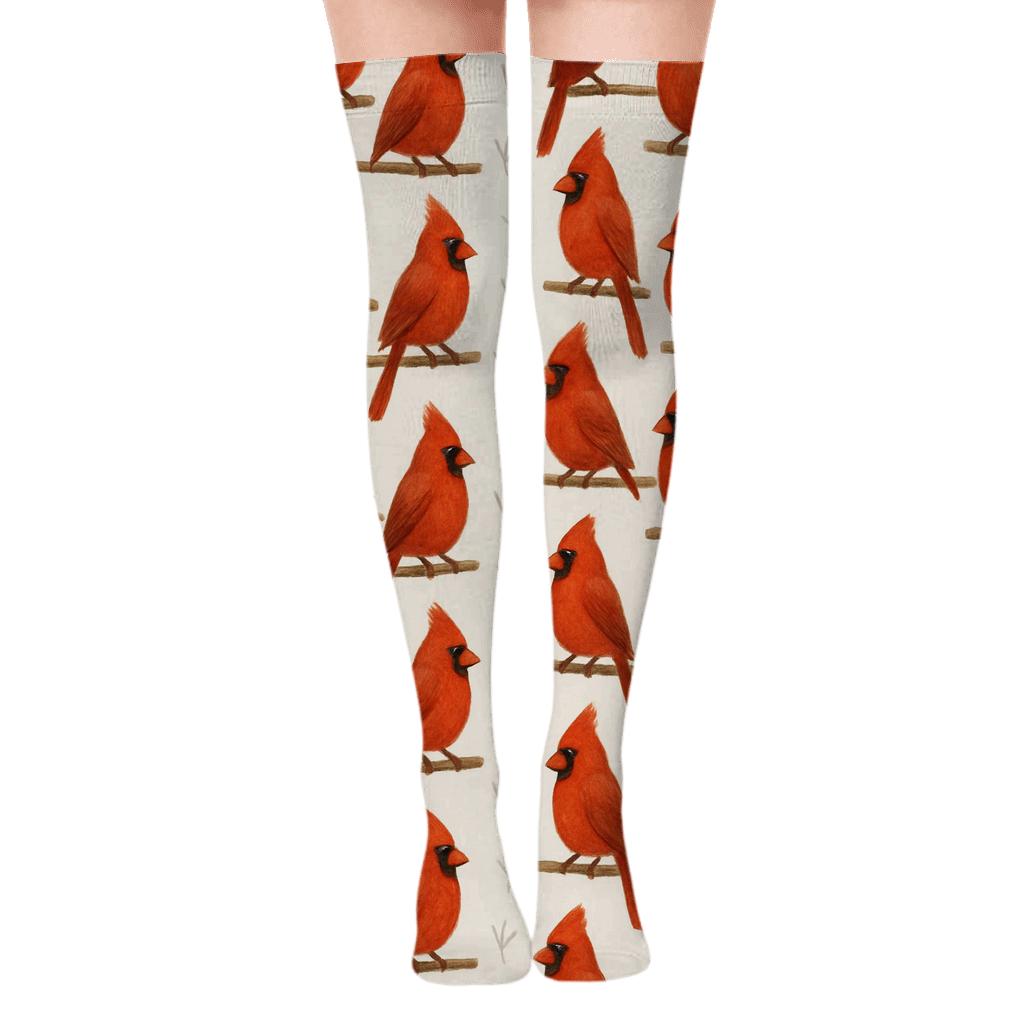 Cardinal Branch Stripe On Winter White premium cozy over-the-knee socks
