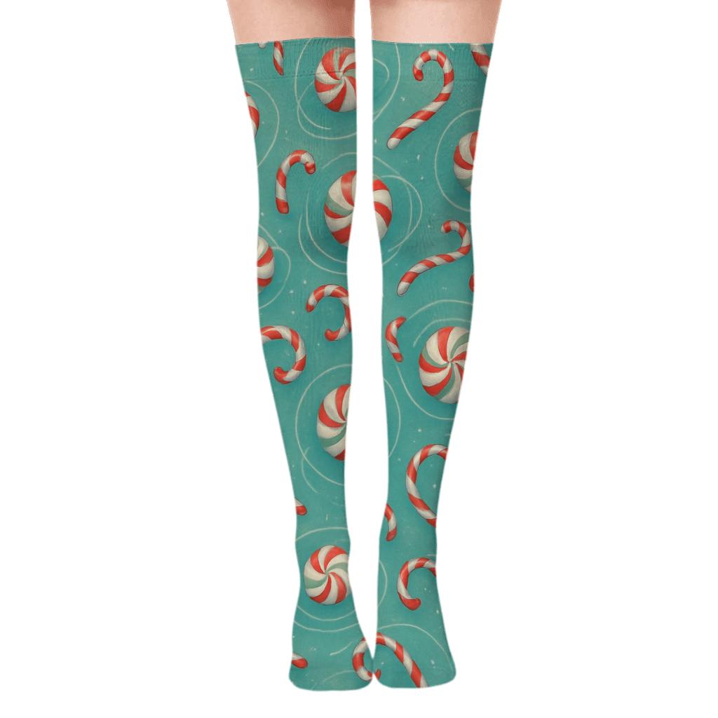 Twinkling Peppermint Orbits Candy Canes designer print over-the-knee socks