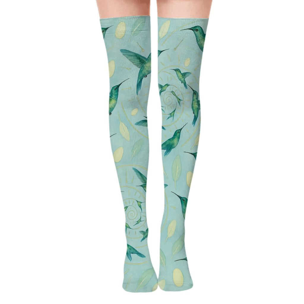 Hummingbird Nectar Spiral On Sky Blue soft everyday over-the-knee socks