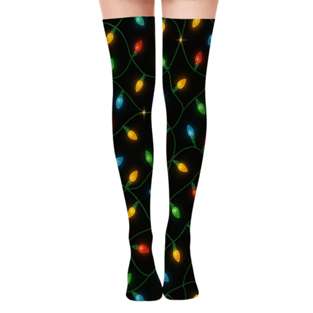 Xmas Light Tangle Glow On Black soft everyday over-the-knee socks
