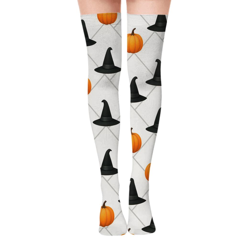 Witch Hat And Pumpkin Diagonal Lattice On White Background comfortable cotton over-the-knee socks