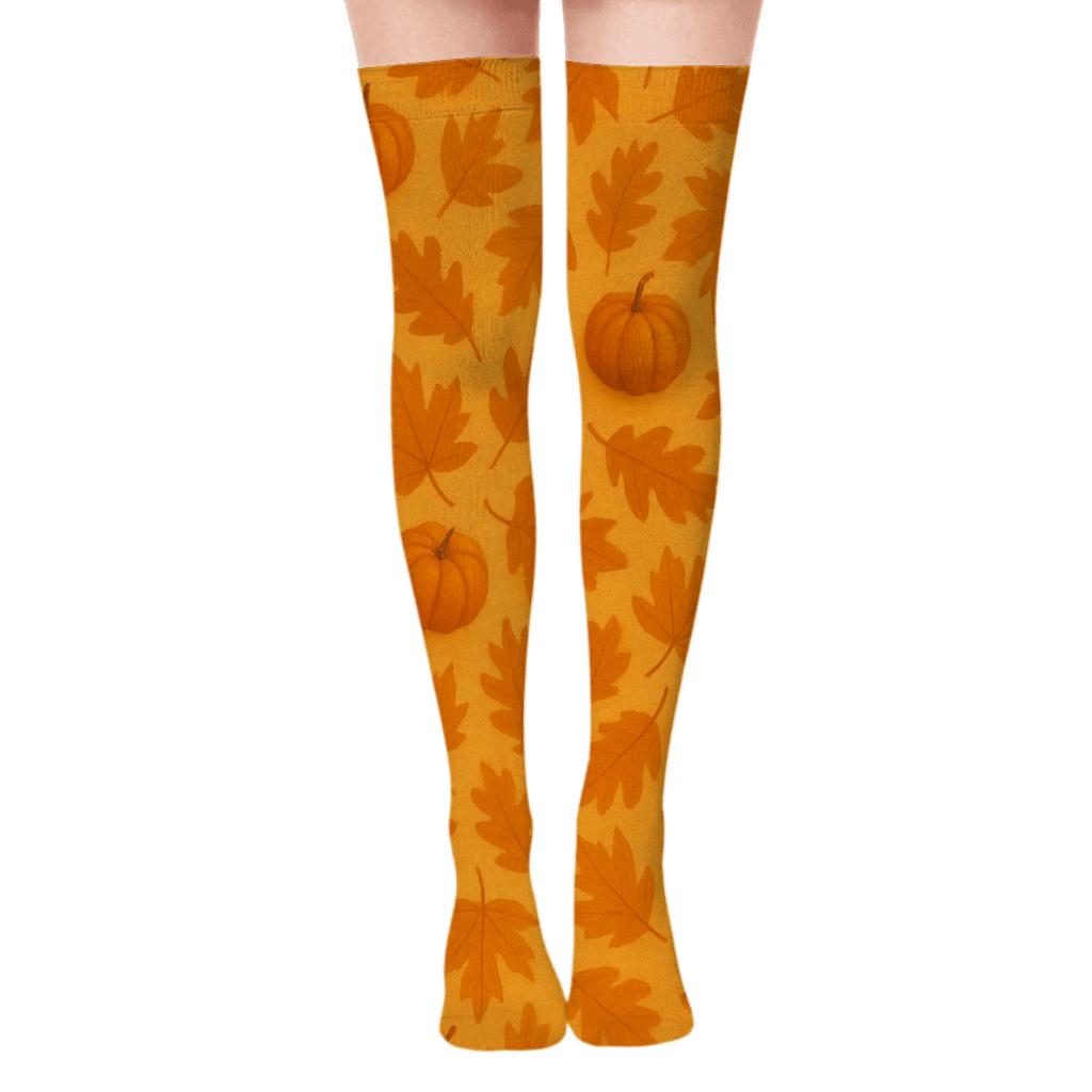 Autumn Leaf And Pumpkin Scatter On Orange Background stylish fashion over-the-knee socks