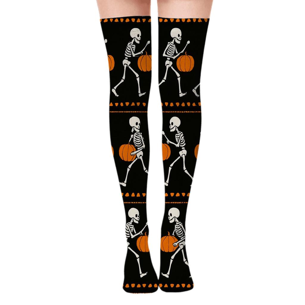 Skeleton March With Pumpkin Drumline On Black Background personalized over-the-knee socks