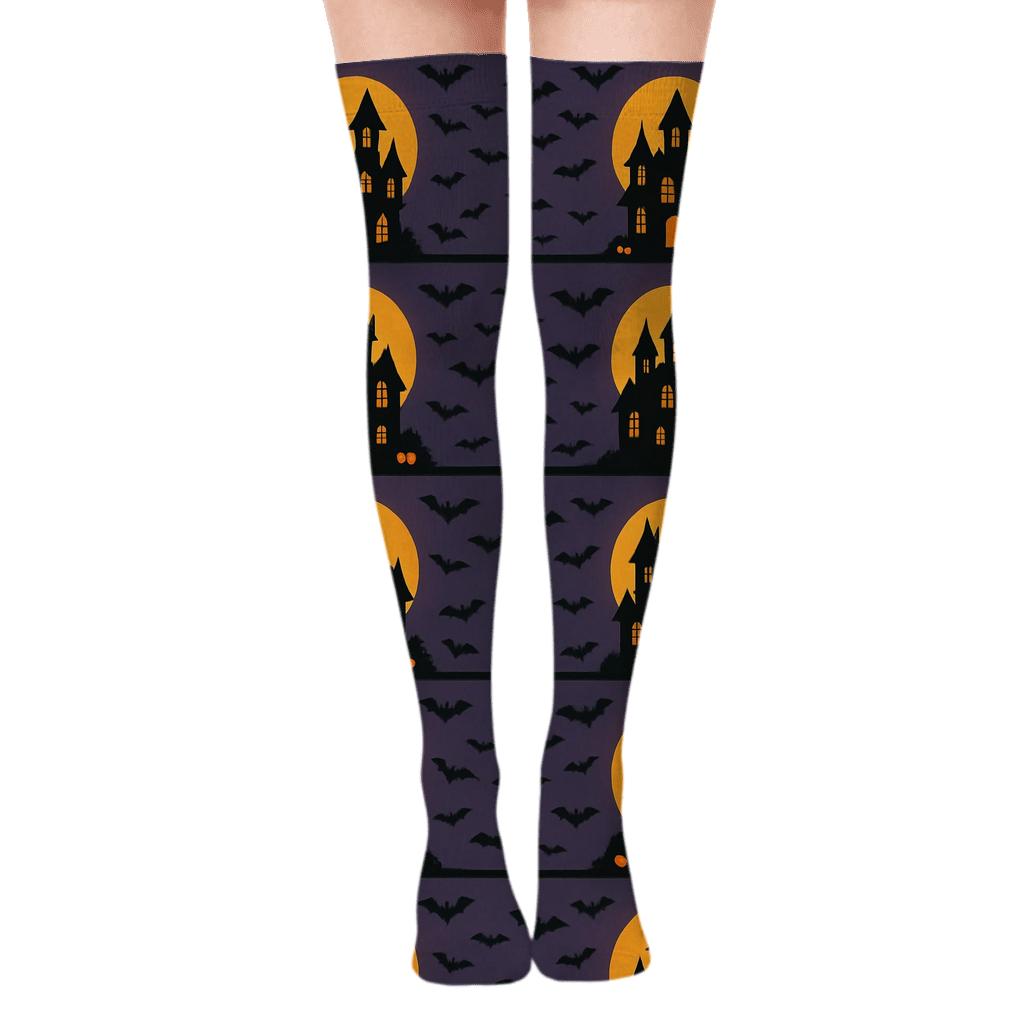 Haunted House Silhouette Stripe On Twilight Purple Background comfortable cotton over-the-knee socks