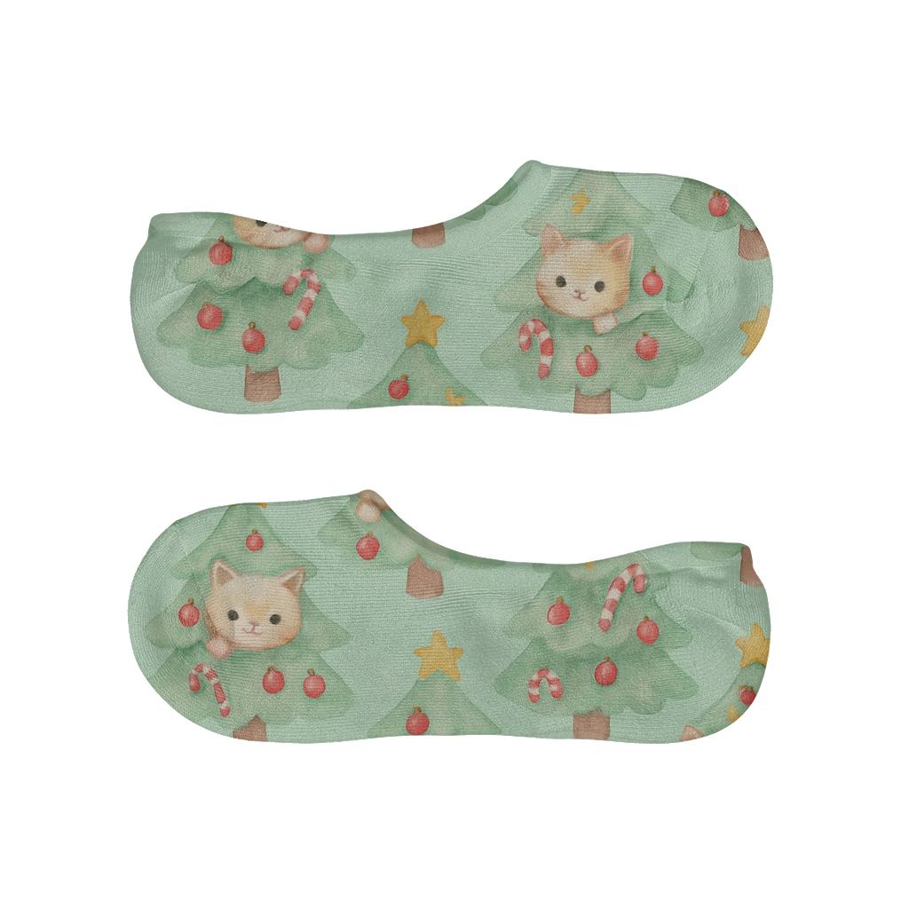 Pastel Christmas Tree Kittens Scatter On Soft Mint custom no-show socks
