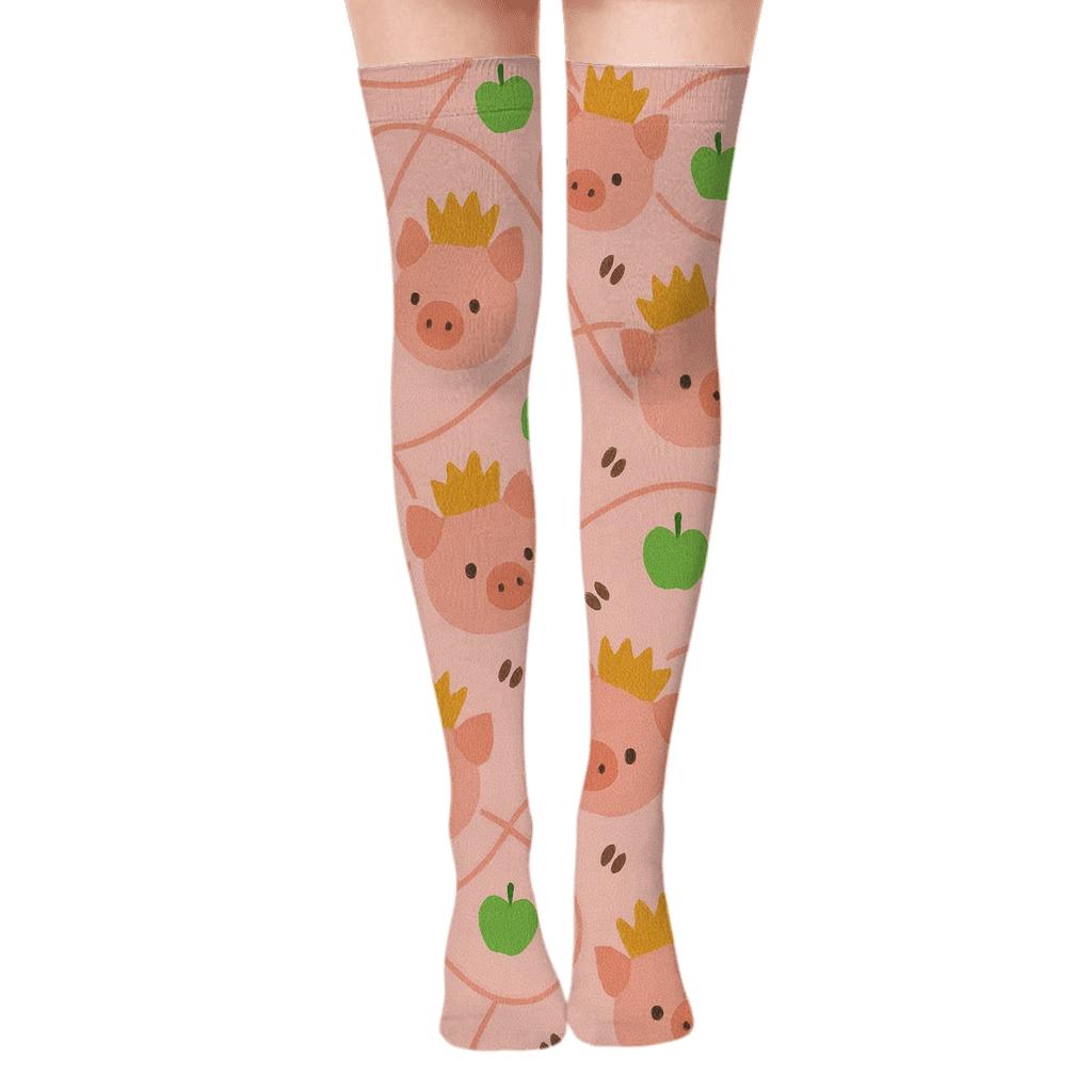 Crowned Galaxy Parade With Pig Motifs comfortable cotton over-the-knee socks