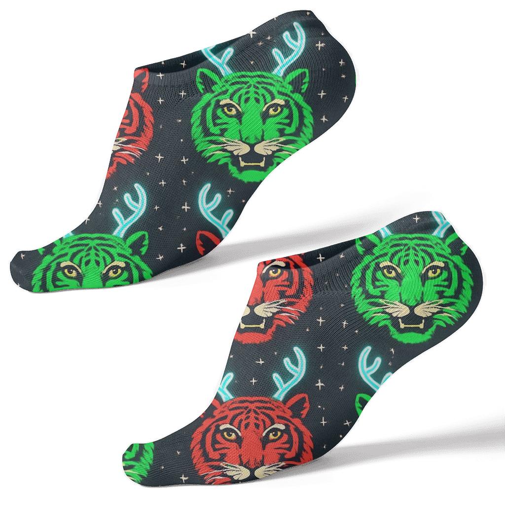 Neon Reindeer Tiger Christmas Grid unique graphic ankle socks