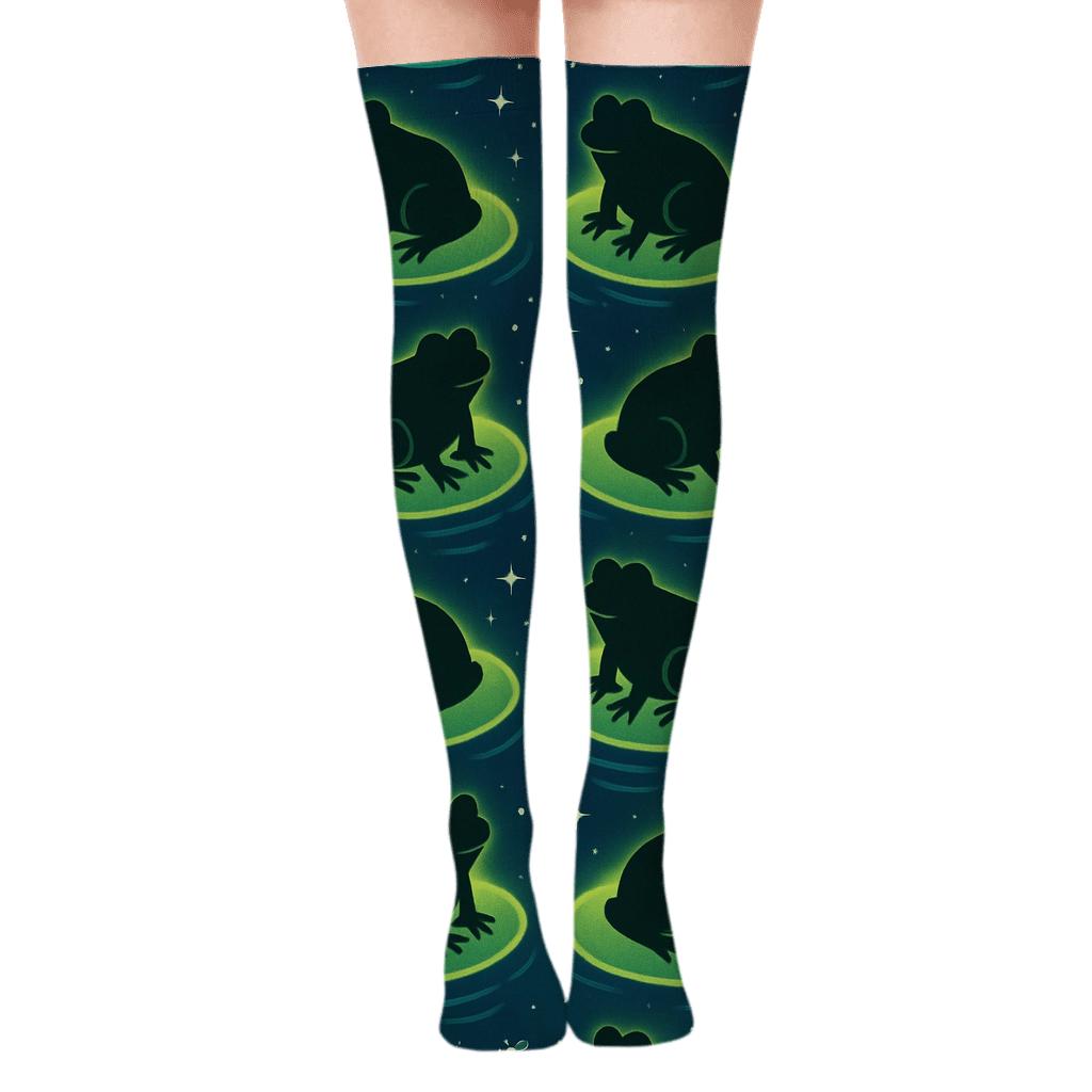 Celestial Lily Pad Grid With Frog Echoes unique graphic over-the-knee socks