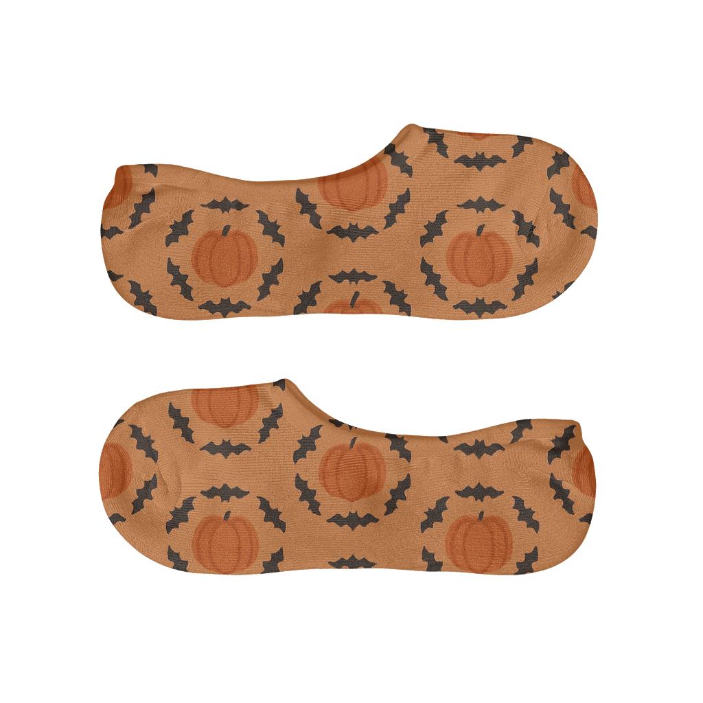 Flying Bat Ring Around Pumpkin Orbs On Orange Background designer print no-show socks