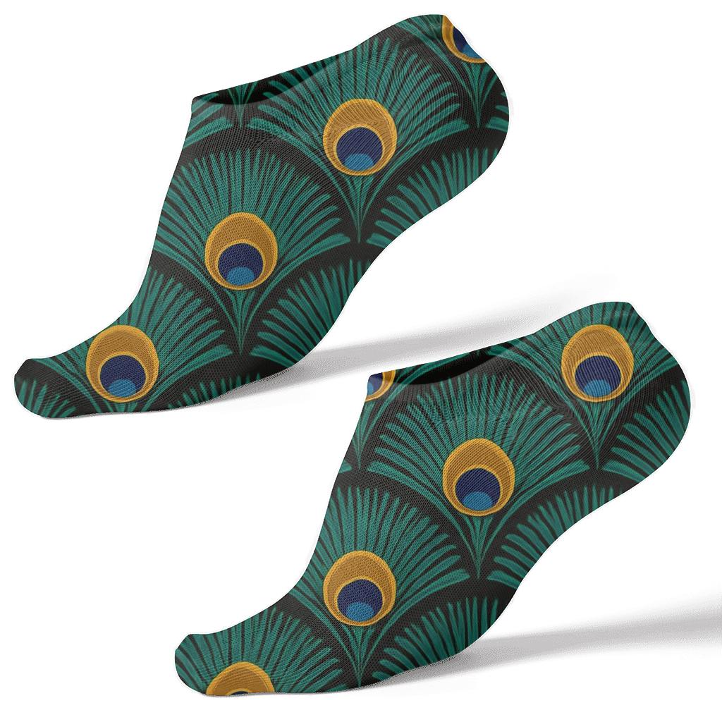 Peacock Eye Feather Fan On Midnight Black premium sports ankle socks