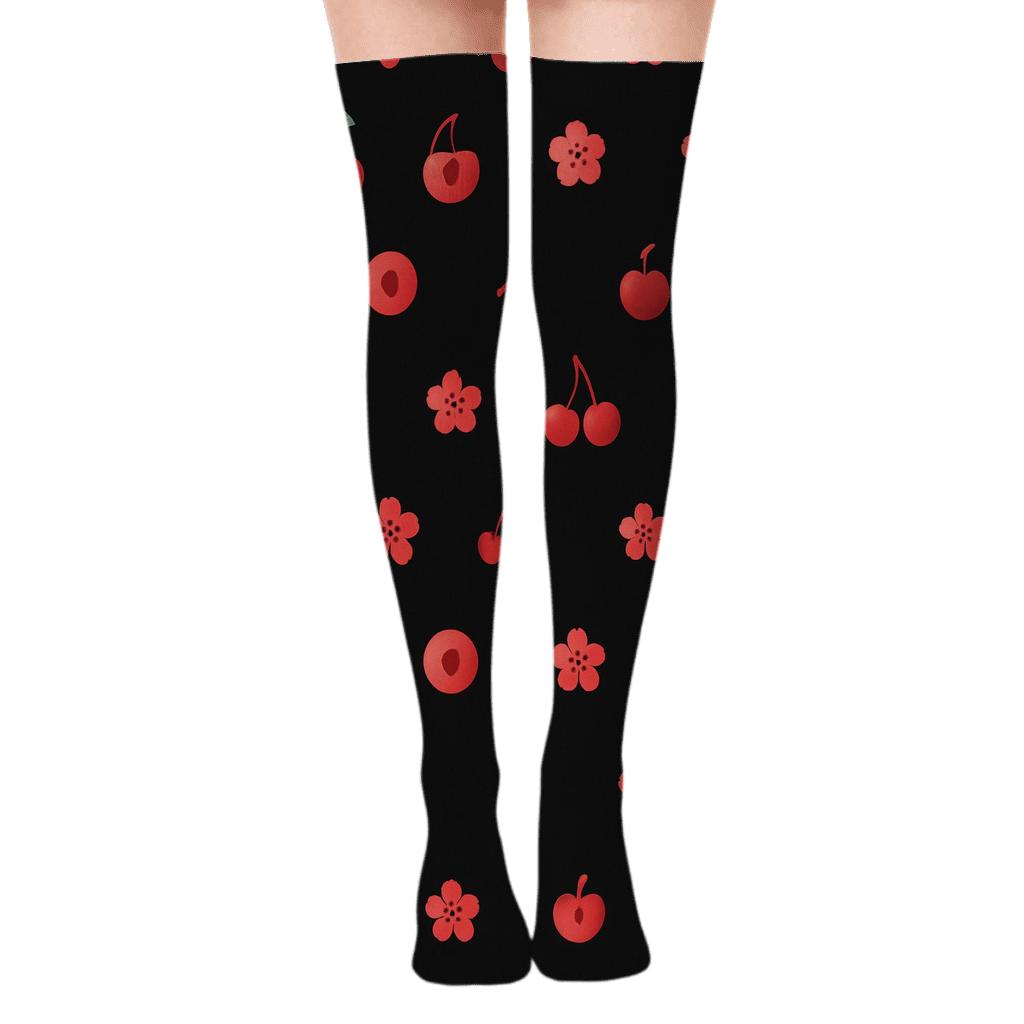 Glossy Grid With Cherry Cluster Motifs unique graphic over-the-knee socks