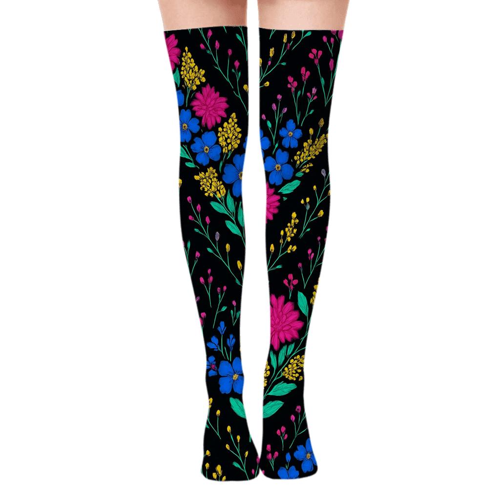 Nocturne Wildflower Chevron On Black soft everyday over-the-knee socks