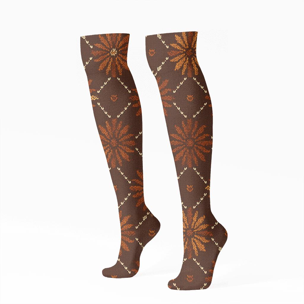 Turkey Feather Starburst Lattice On Umber Ground comfortable cotton knee-high socks