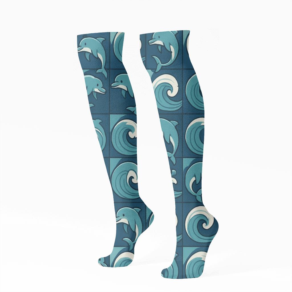 Dolphin Tide Checkerboard Waves custom knee-high socks