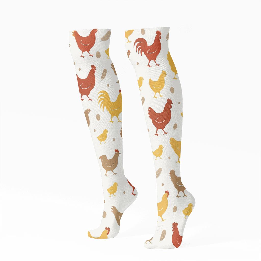 Starlit Barnyard Parade With Chicken Motifs comfortable cotton knee-high socks