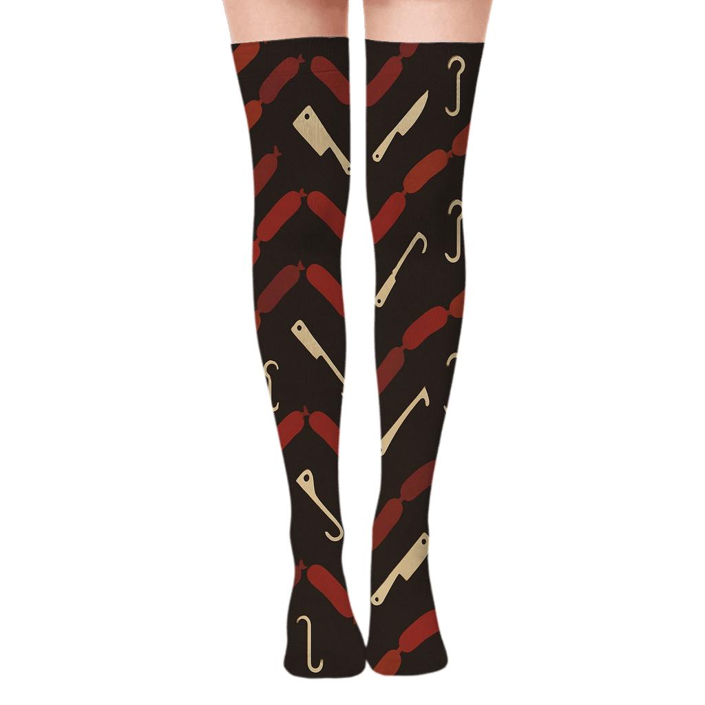 Stellar Sausage Tapestry Butcher Edition designer print over-the-knee socks