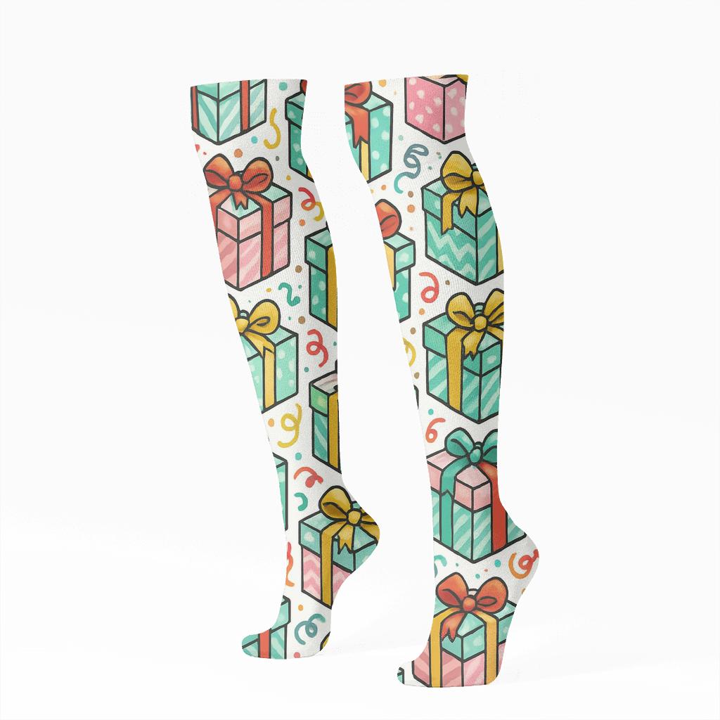 Ribbon Cascade With Presents Mosaic trendy patterned knee-high socks