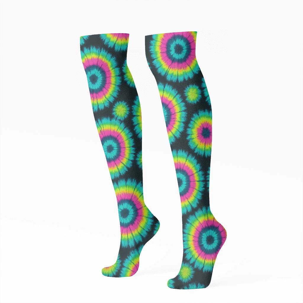 Neon Bullseye Tessellation On Black stylish athletic knee-high socks