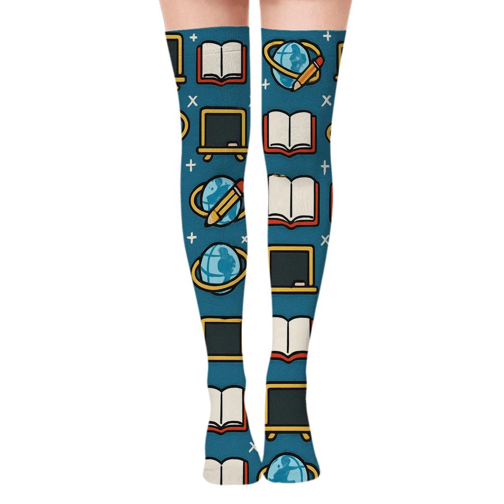 Teacher Chalkboard Orbit Grid On Classroom Blue premium cozy over-the-knee socks
