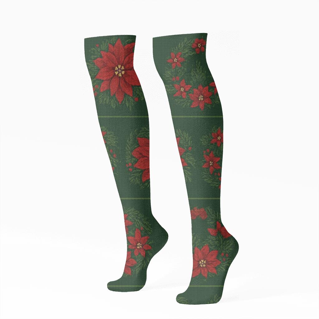 Knitted Poinsettia Wreath Bands On Evergreen Ground comfortable cotton knee-high socks