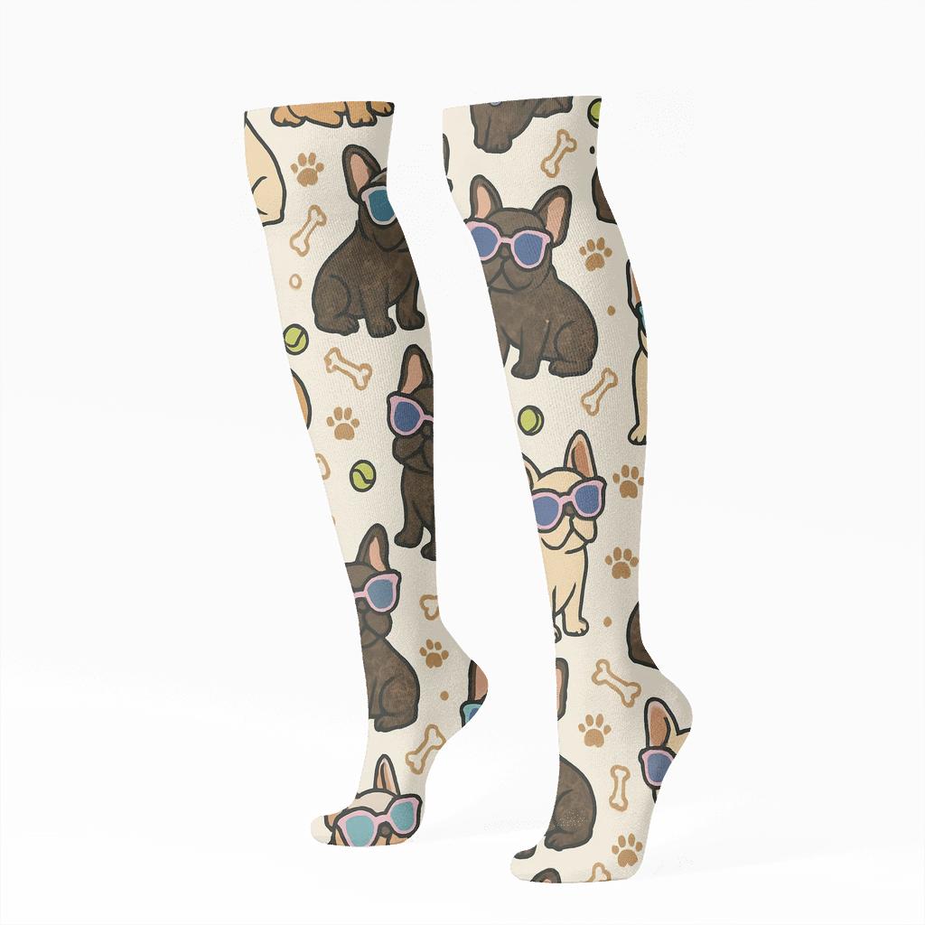 Sunny Park French Bulldog Sunglasses Scatter designer print knee-high socks